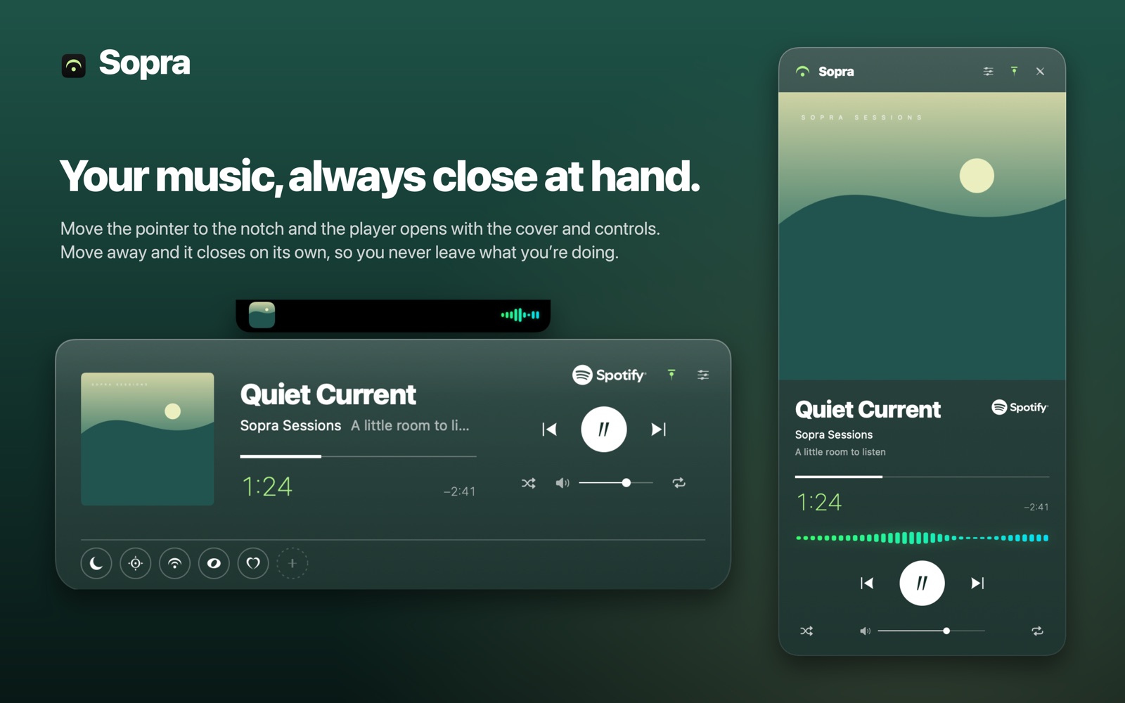 Sopra’s player open below the notch and the sidebar on the right edge, with artwork, elapsed time and controls.