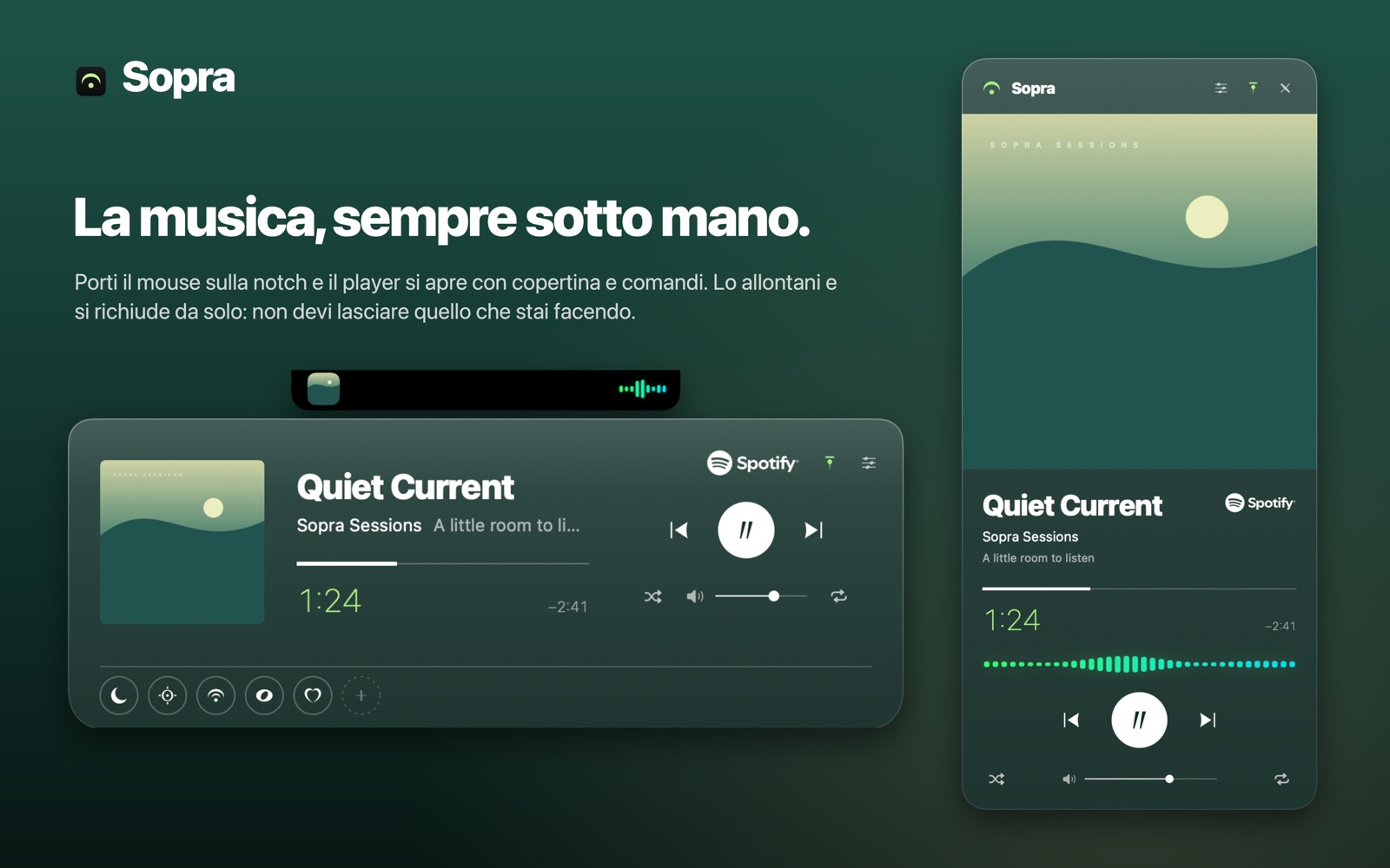Il player di Sopra aperto sotto la notch e il pannello sul bordo destro, con copertina, tempo trascorso e controlli.